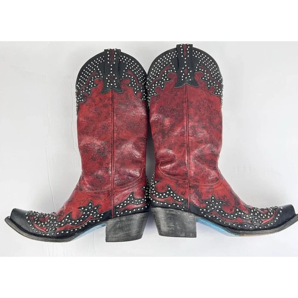 LANE Stephanie  Womens Red and BLack Studded Leather Cowboy Boots Size US 6 RARE